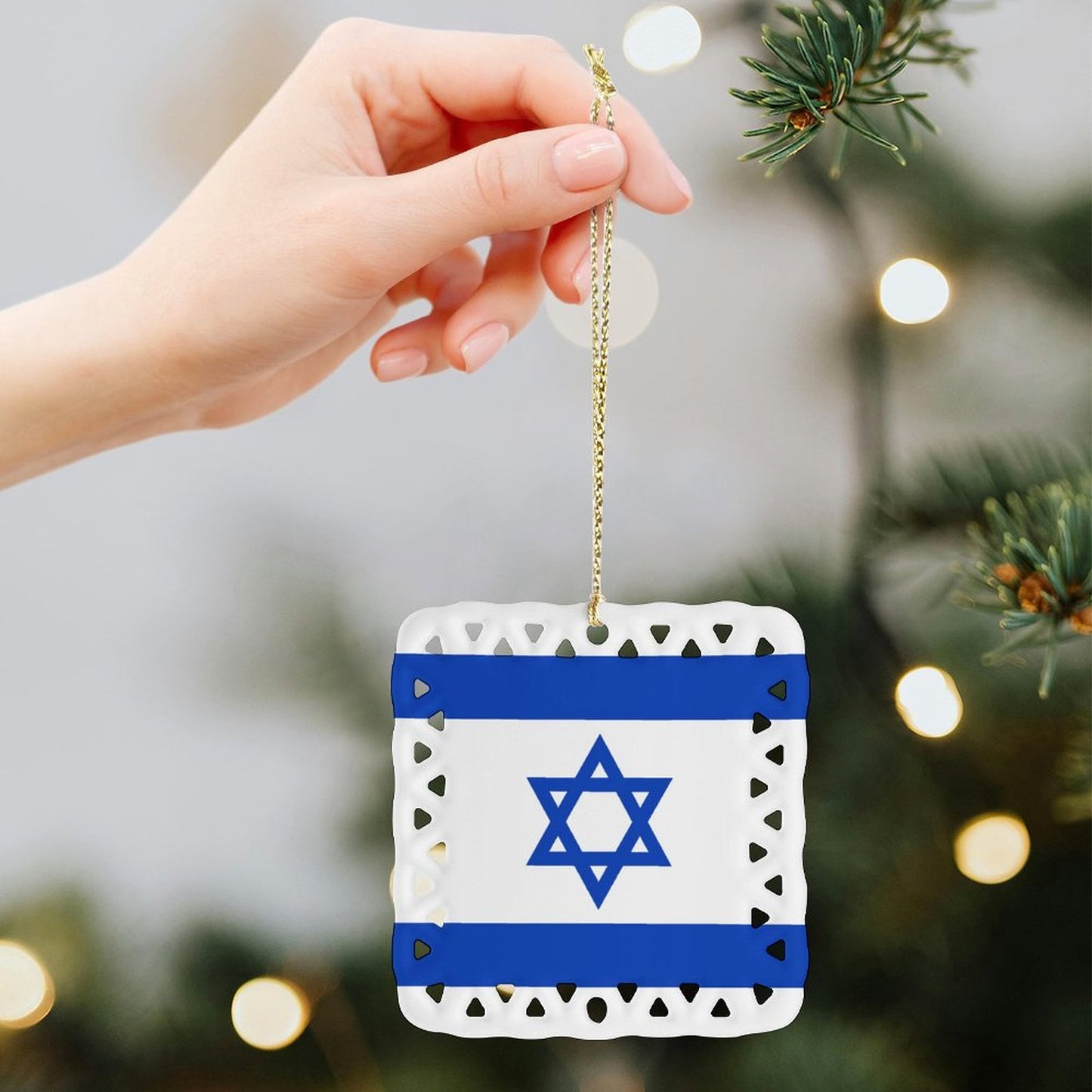Israel Flag Inspired Square Ceramic Ornament Made in the USA