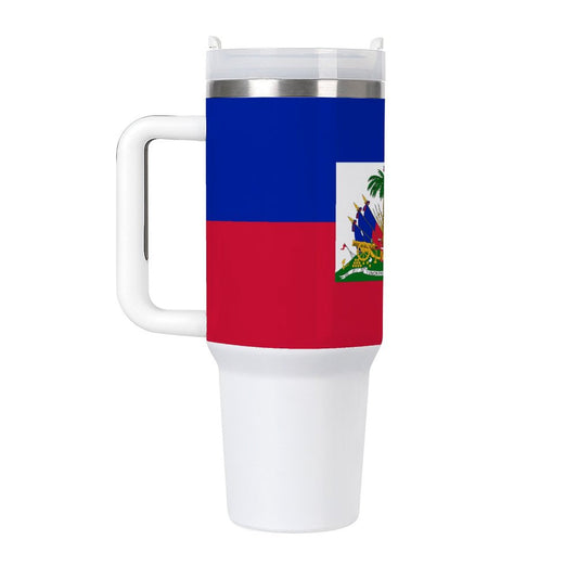 [Brand] tumbler featuring Haiti flag design with handle.