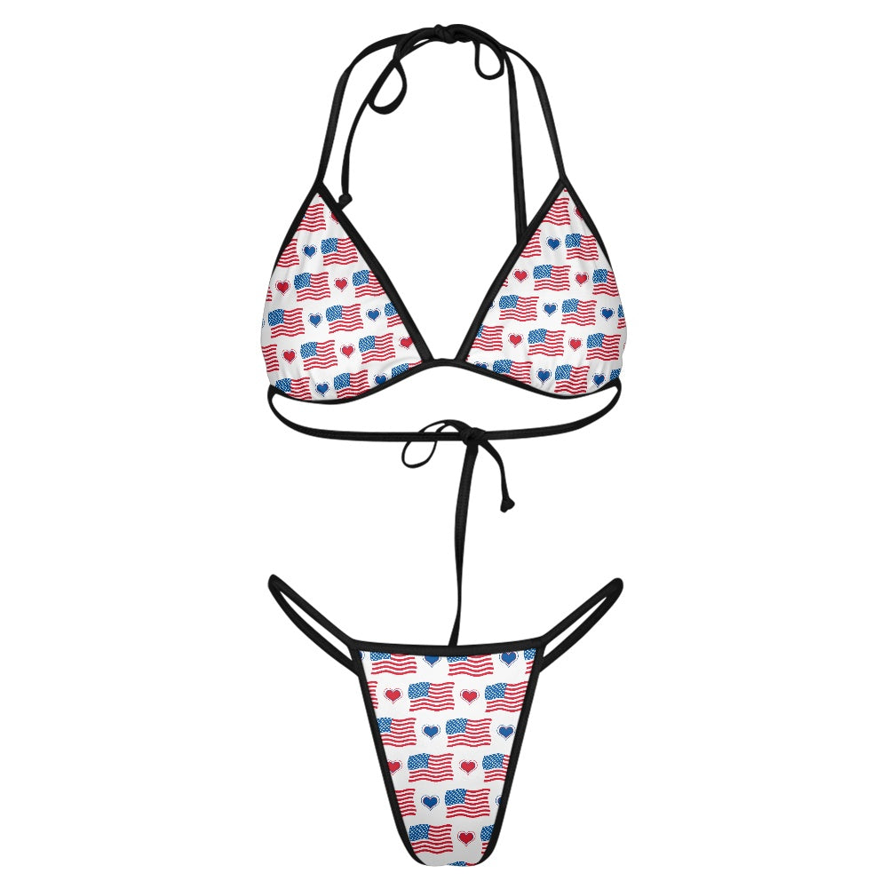 USA/American Flag Inspired Flag & Hearts Pattern Women's Triangle Bikini with Thong Bottom