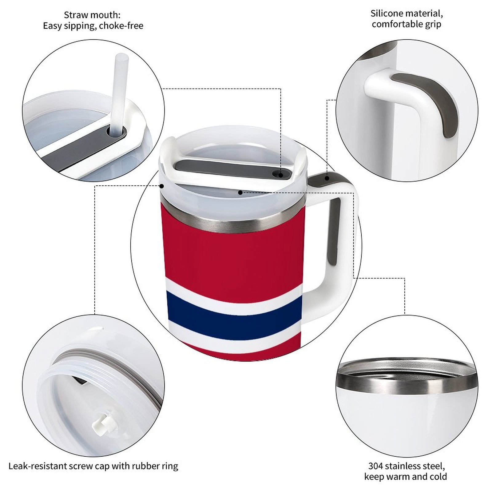 [Brand] tumbler with features: straw mouth, silicone grip, leak-resistant.