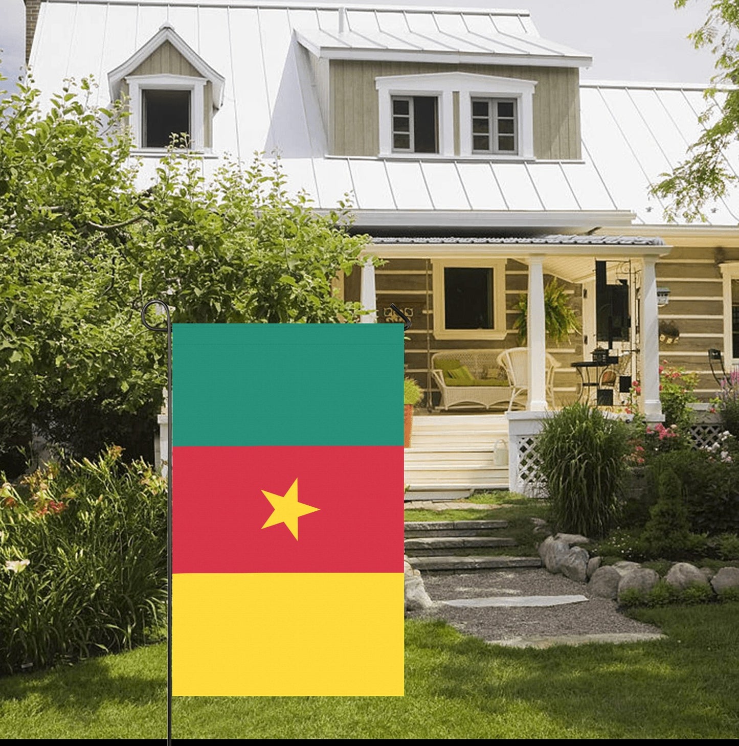 House with garden, Cameroon flag by Luv My Flag.