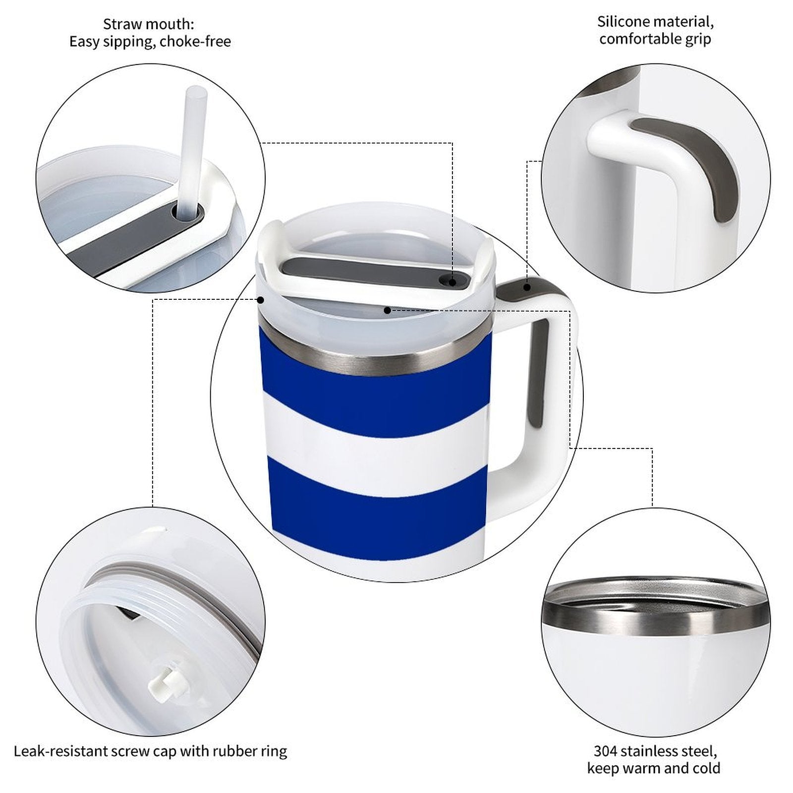 Blue [Brand] mug featuring silicone grip and stainless steel lid.