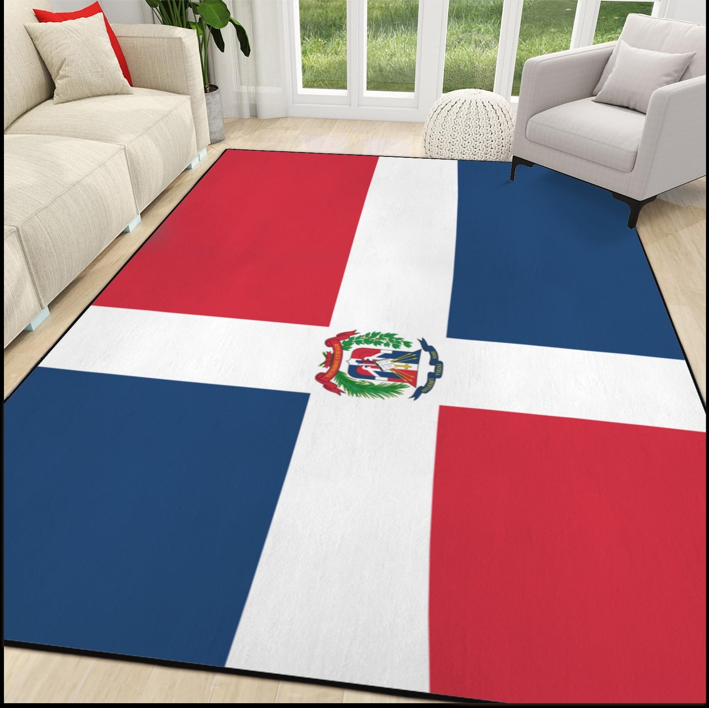 Dominican Republic Flag Inspired 84x60 Inch Area Rug with Black Binding (Made in the USA)
