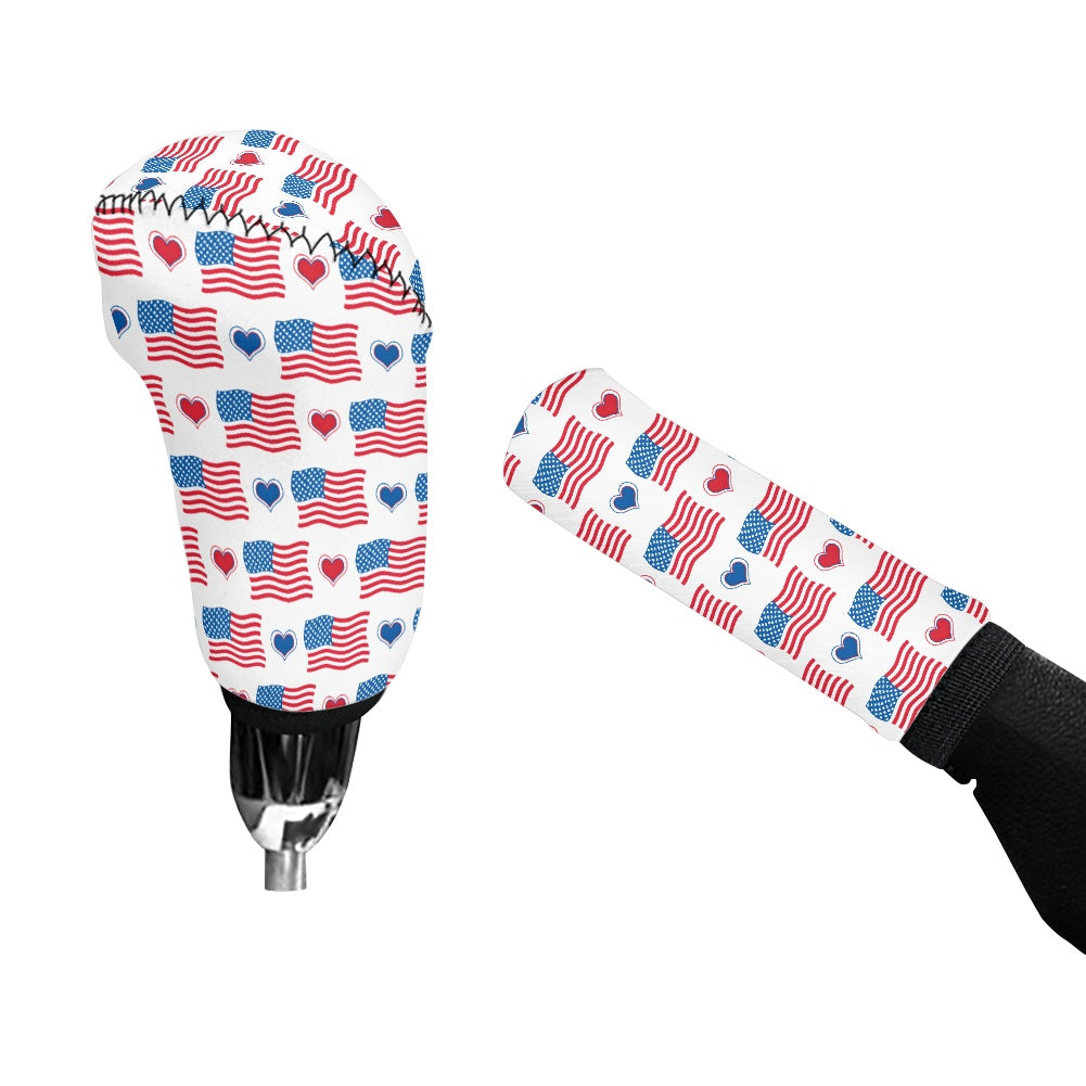 USA/American Flag Inspired Flag & Hearts Pattern Gear Lever Cover+Hand Brake Cover