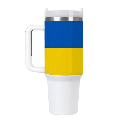 [Brand] travel mug with Ukrainian flag design, sturdy handle.