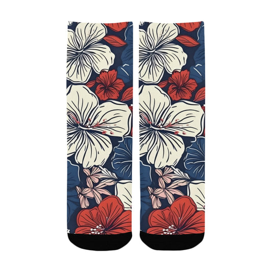 USA/American Flag Inspired Hawaiian Floral Pattern Kid's Custom Socks (Made in the USA)