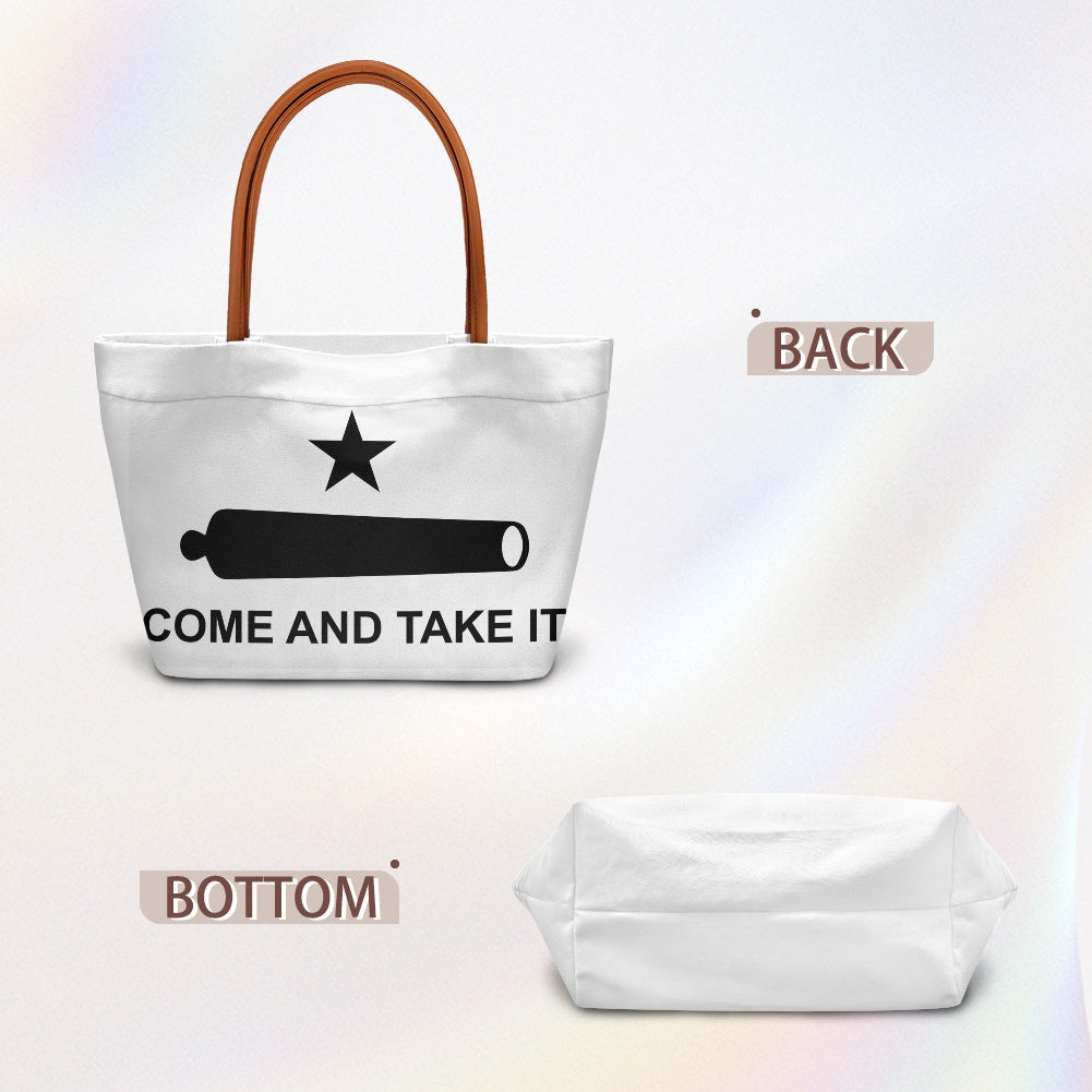 [Brand] tote bag with "Come and Take It" design.