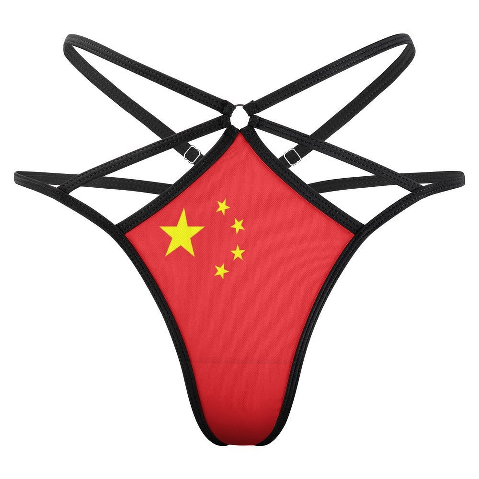 Black strappy thong with Chinese flag design, [Brand].