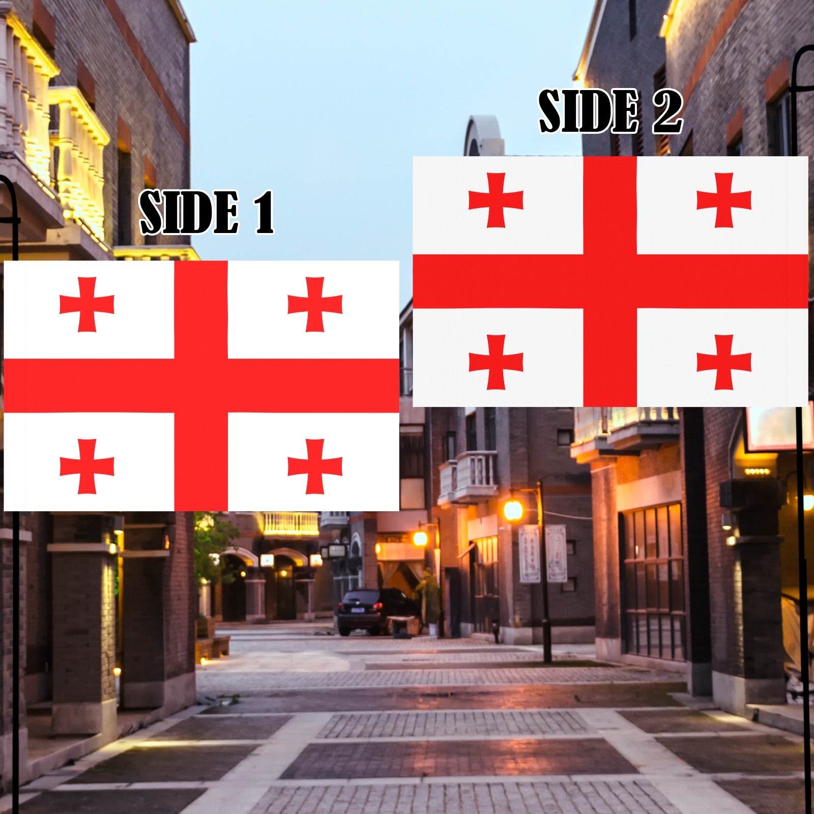[Luv My Flag] flags displayed in a charming urban setting.