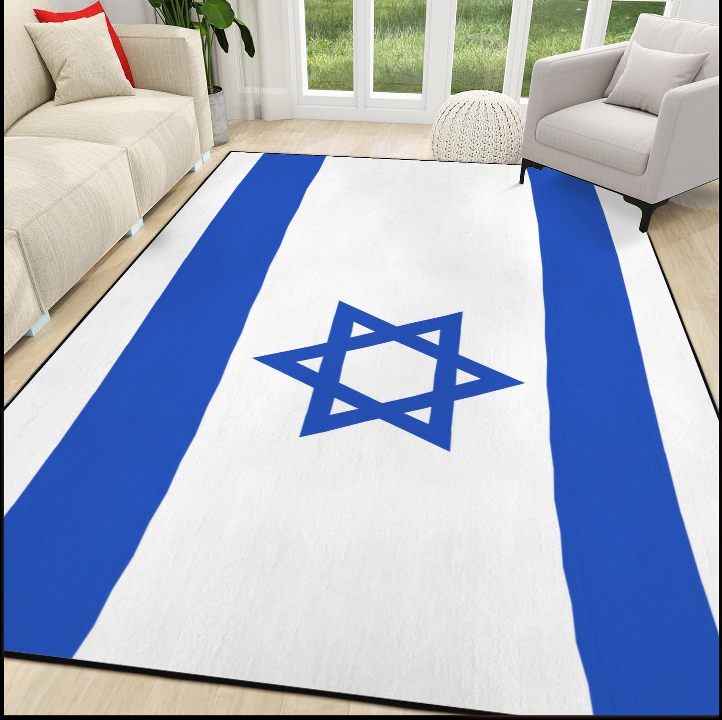 Israel Flag Inspired 84x60 Inch Area Rug with Black Binding (Made in the USA)