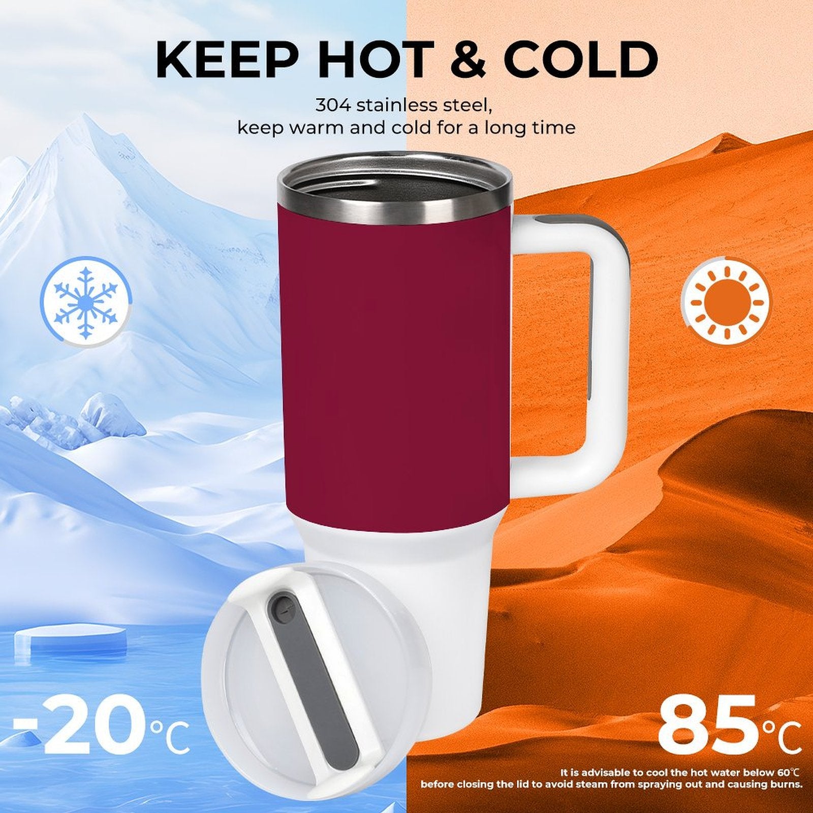 [Brand] insulated mug with handle, maintains drink temperature -20°C/85°C.