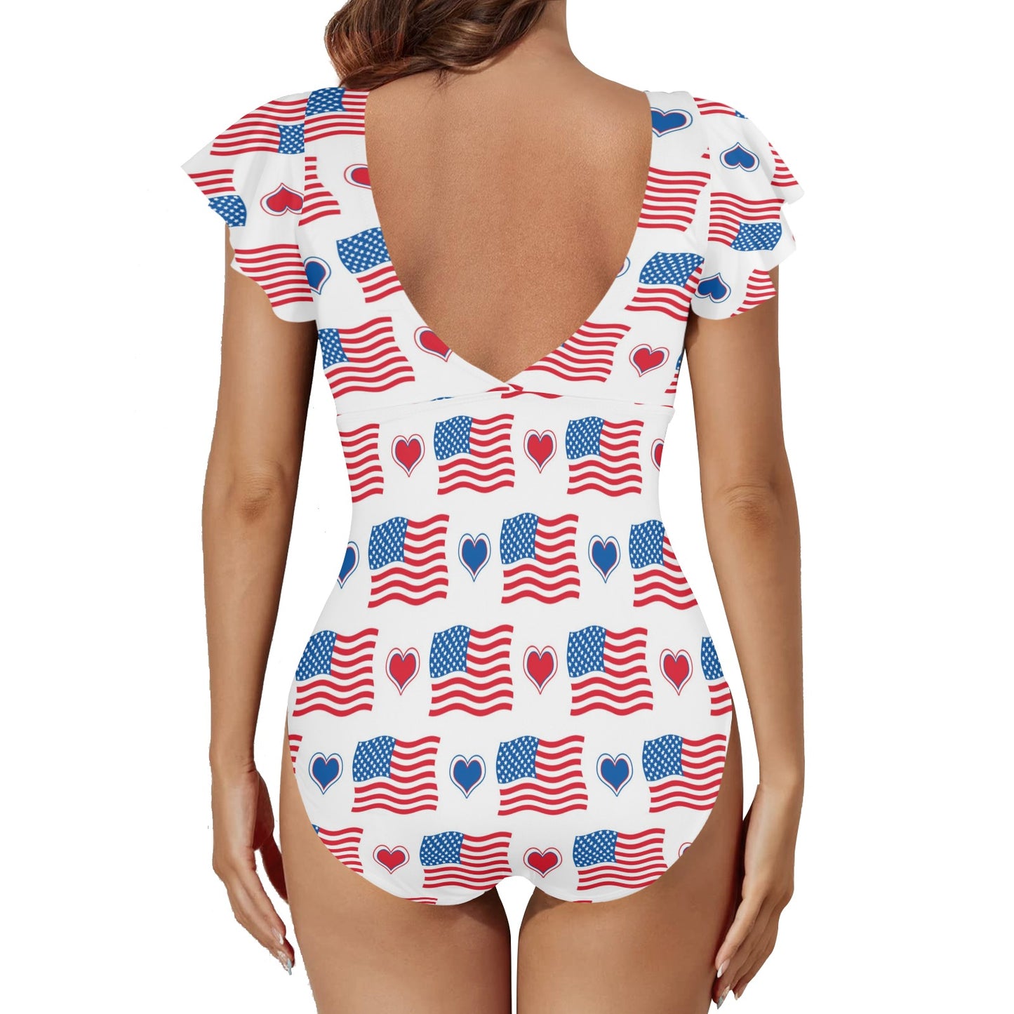 USA/American Flag Inspired Flag and Hearts Pattern Women's Twist Front Ruffle Sleeve Swimsuit
