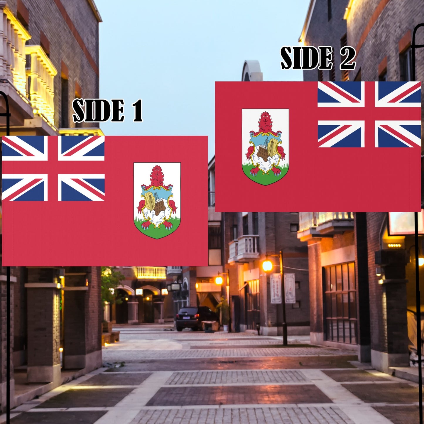 [Luv My Flag] two-sided Bermuda flag displayed in alley.