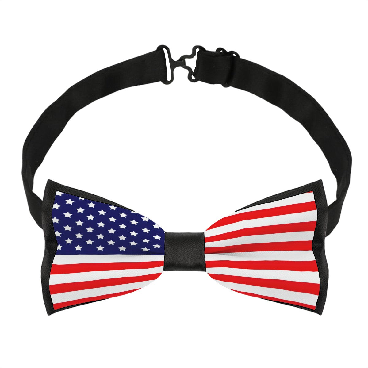 [Brand] bow tie with American flag design, black neckband.