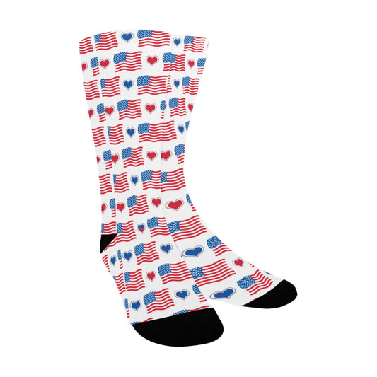 USA/American Flag Inspired Flags and Hearts Pattern Women’s Custom Socks Made in the USA