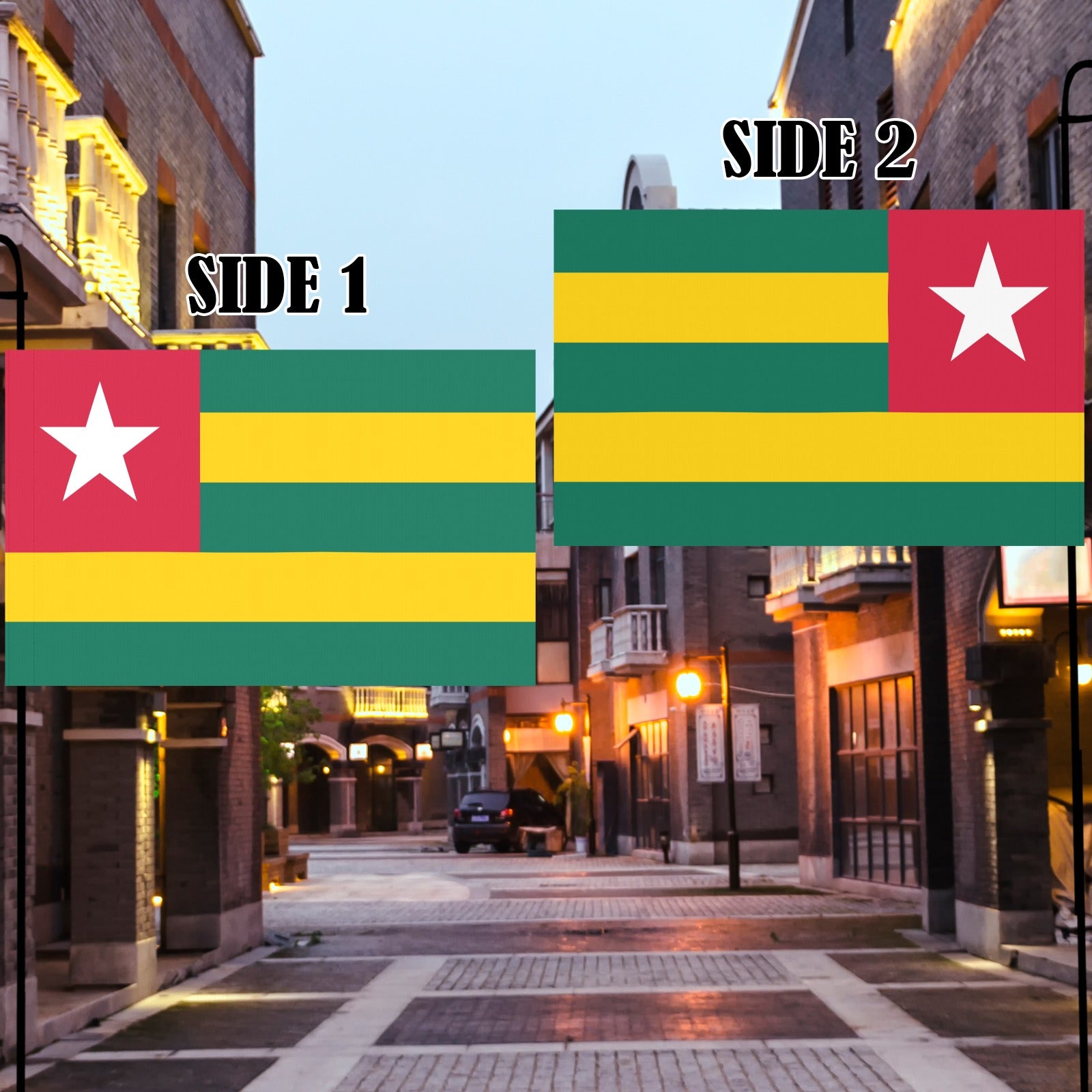 Street with two Luv My Flag designs displayed prominently.