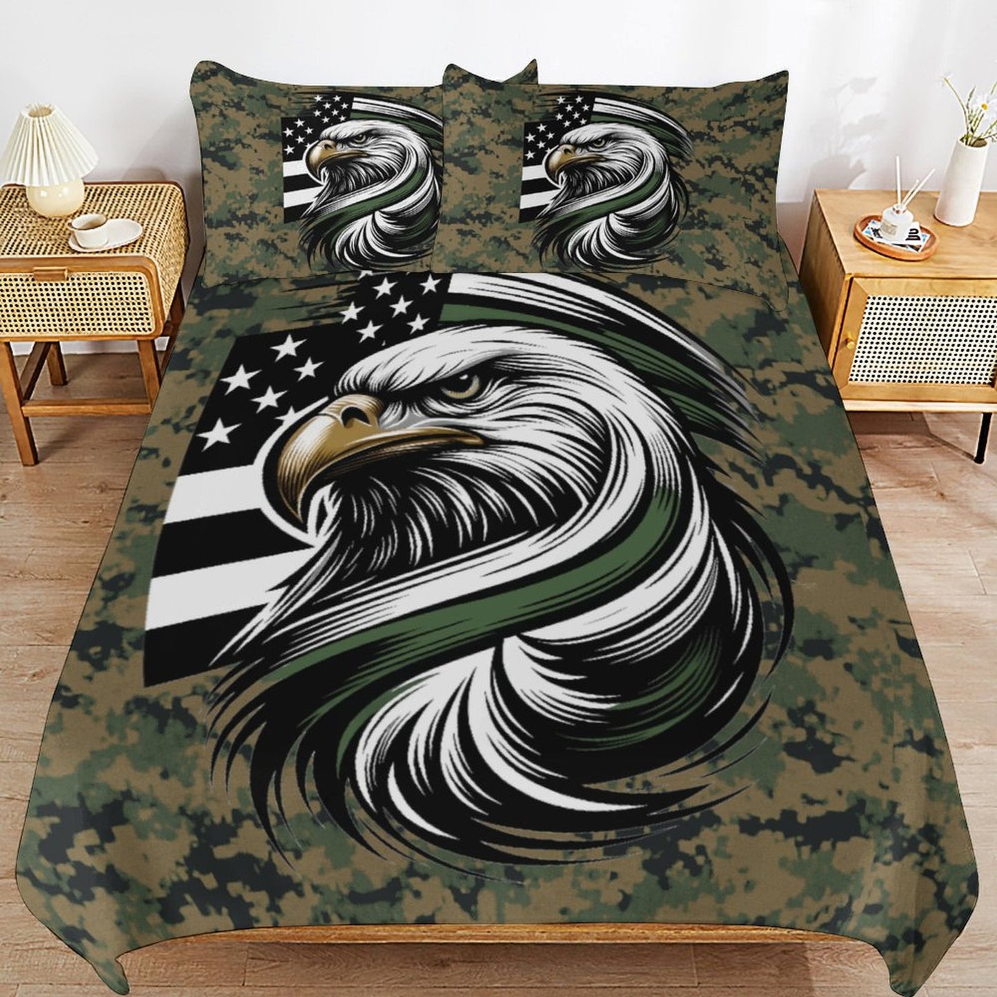 Thin Green Line Flag Inspired Eagle On Digital Camo 3-Piece Bedding Set (1 Duvet Cover + 2 Pillow Shams) – 102"×90"