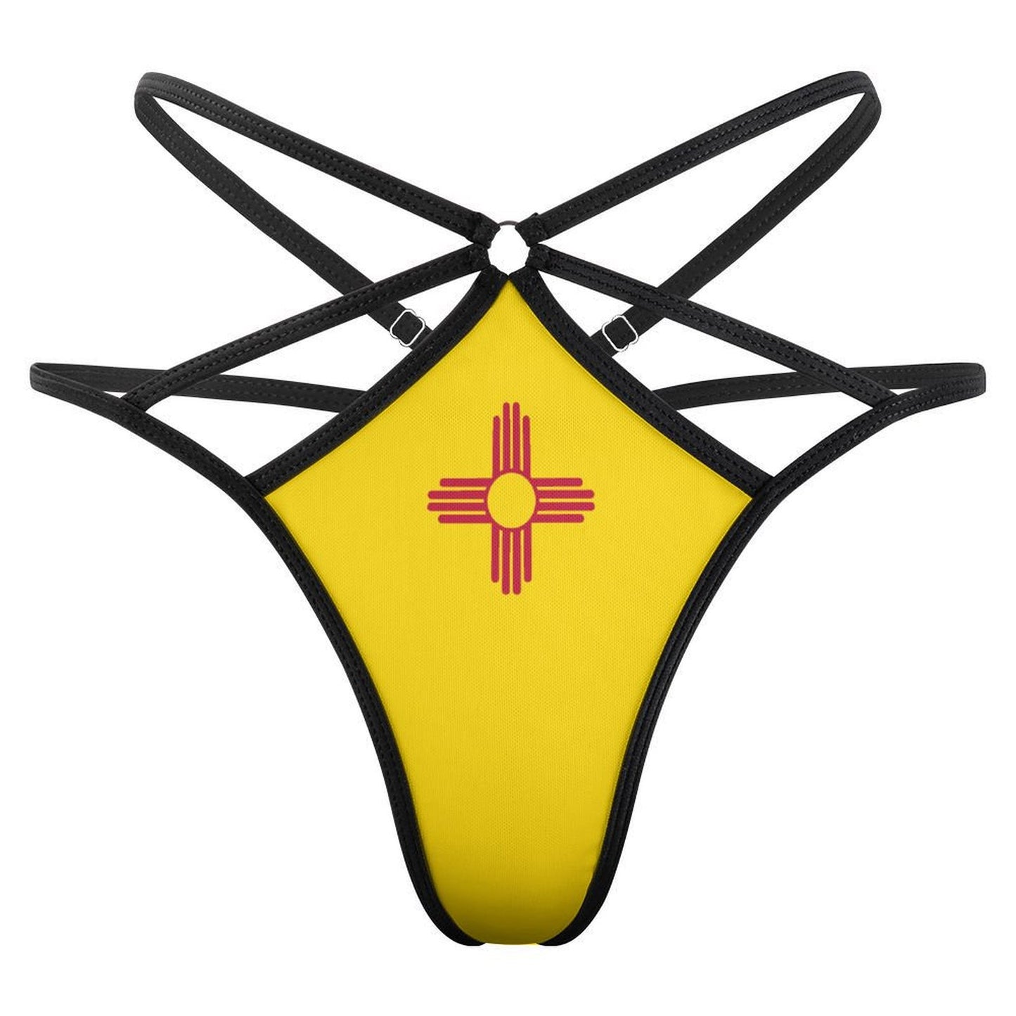 [Brand] black strappy lingerie featuring yellow with red symbol.