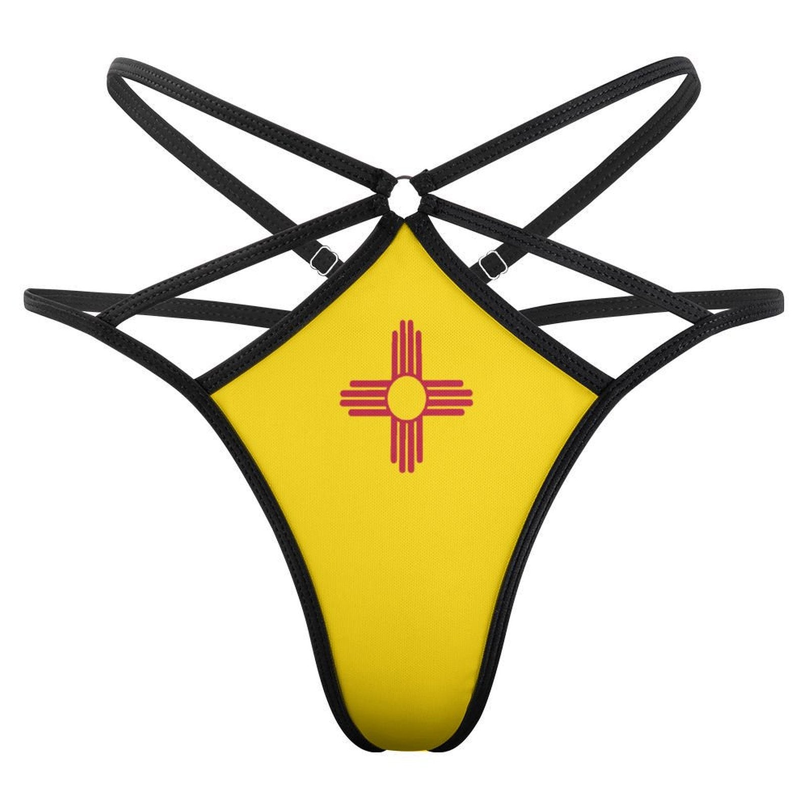 [Brand] black strappy lingerie featuring yellow with red symbol.