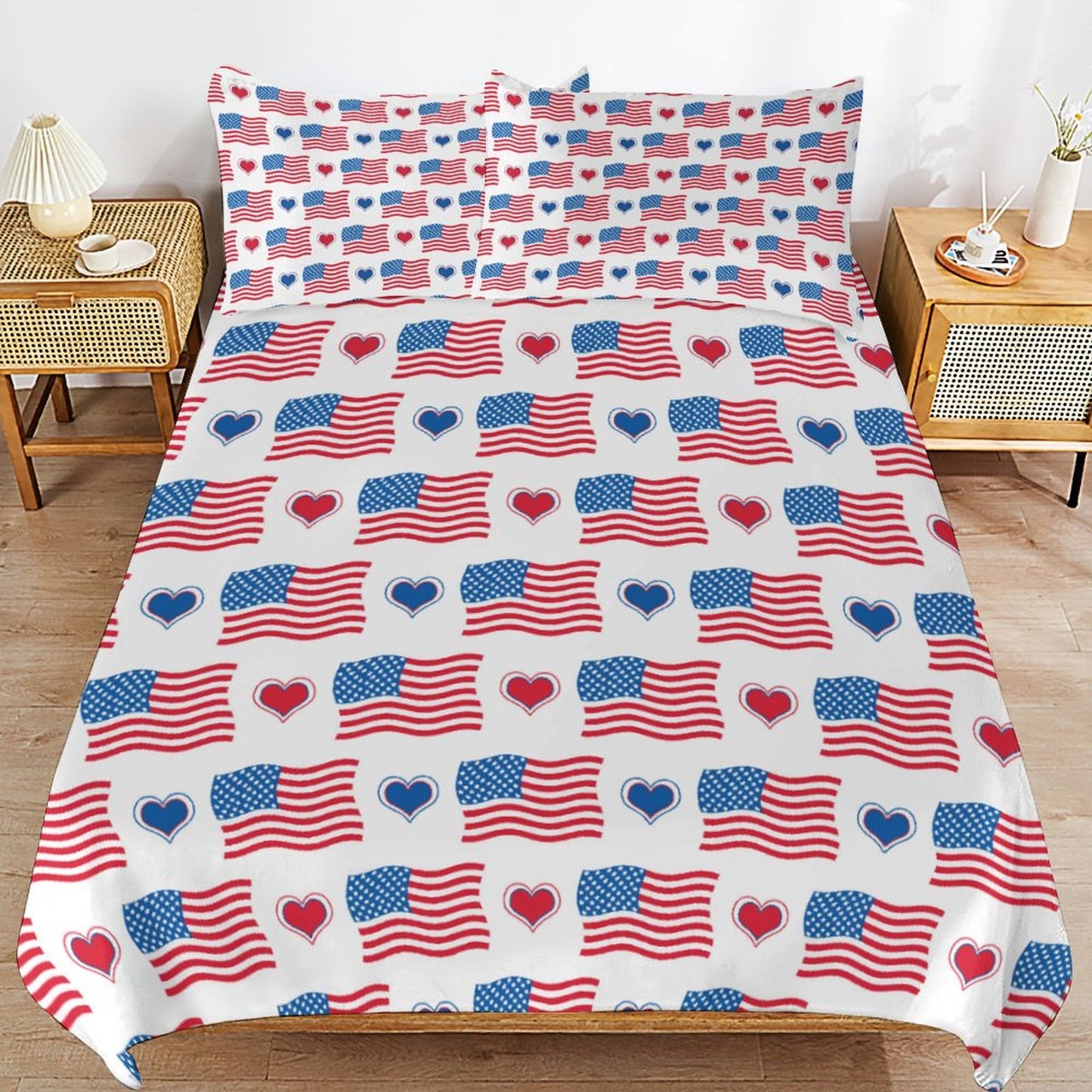 USA/American Flag Inspired Flag and Hearts Pattern 3-Piece Bedding Set (1 Duvet Cover + 2 Pillow Shams) – 102"×90"