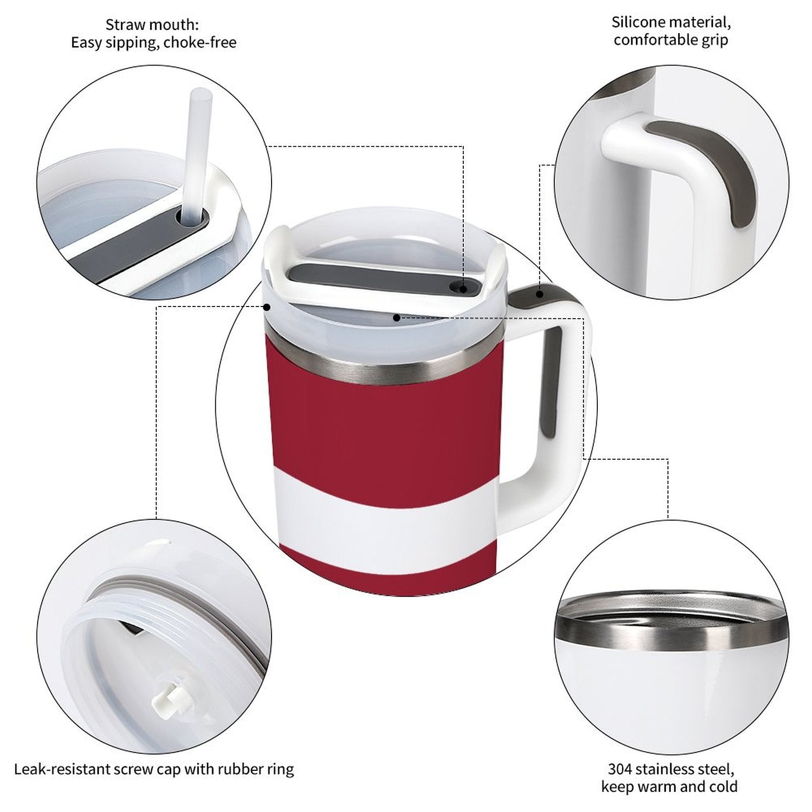 [Brand] insulated mug, red and white, with straw insert.