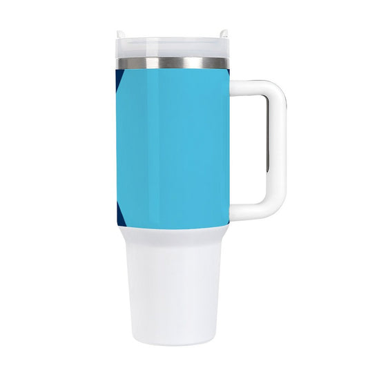 Blue [Brand] travel mug with white handle and base.
