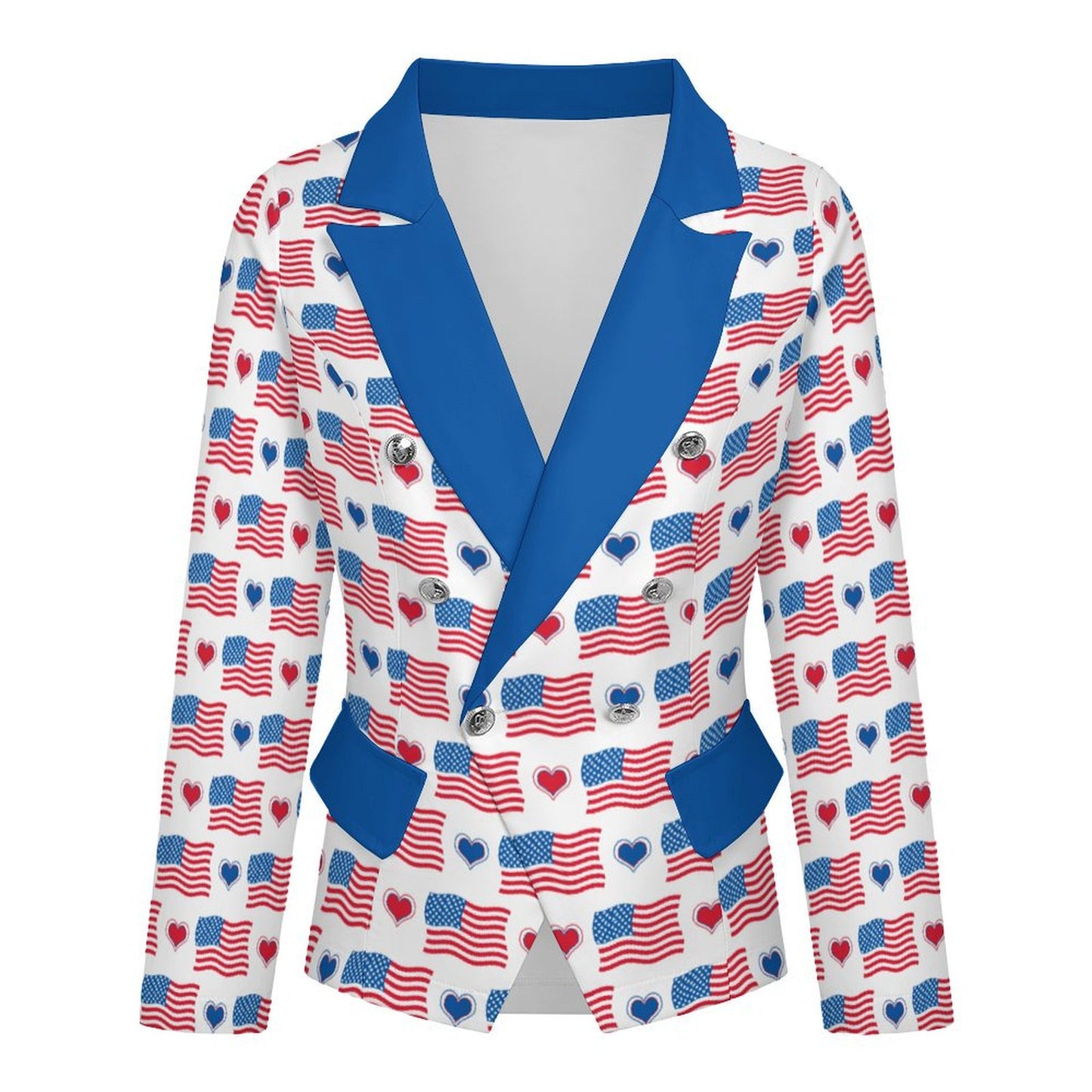 USA/American Flag Inspired Flag and Hearts Pattern Women’s Double Breasted Blazer