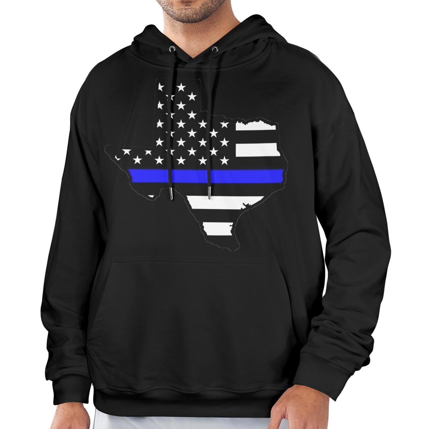 Thin Blue Line Flag Inspired Texas Shape Men's Hoodie (Made in the USA)