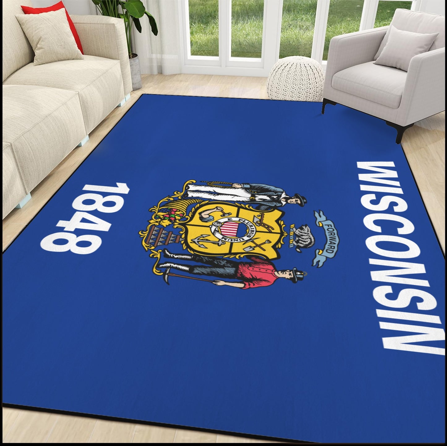 Wisconsin Flag Inspired 84x60 Inch Area Rug with Black Binding (Made in the USA)