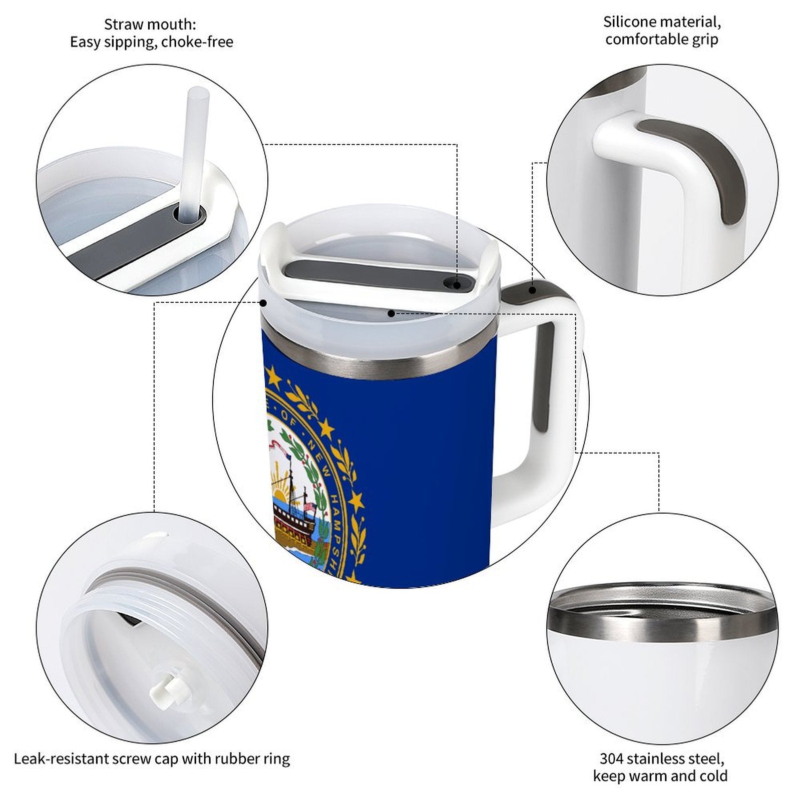 [Brand] insulated mug features straw lid, silicone handle, durable.