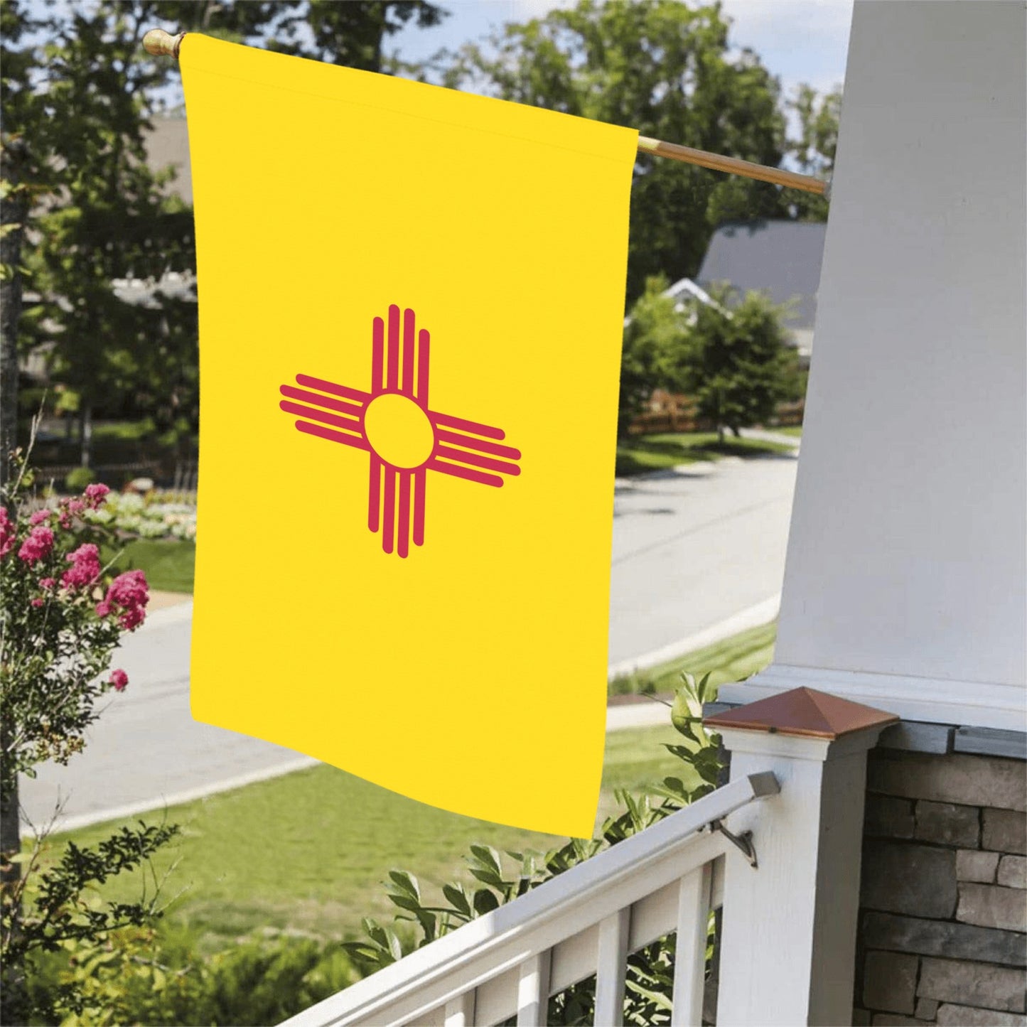 [Luv My Flag] New Mexico flag displayed on porch, outdoors.