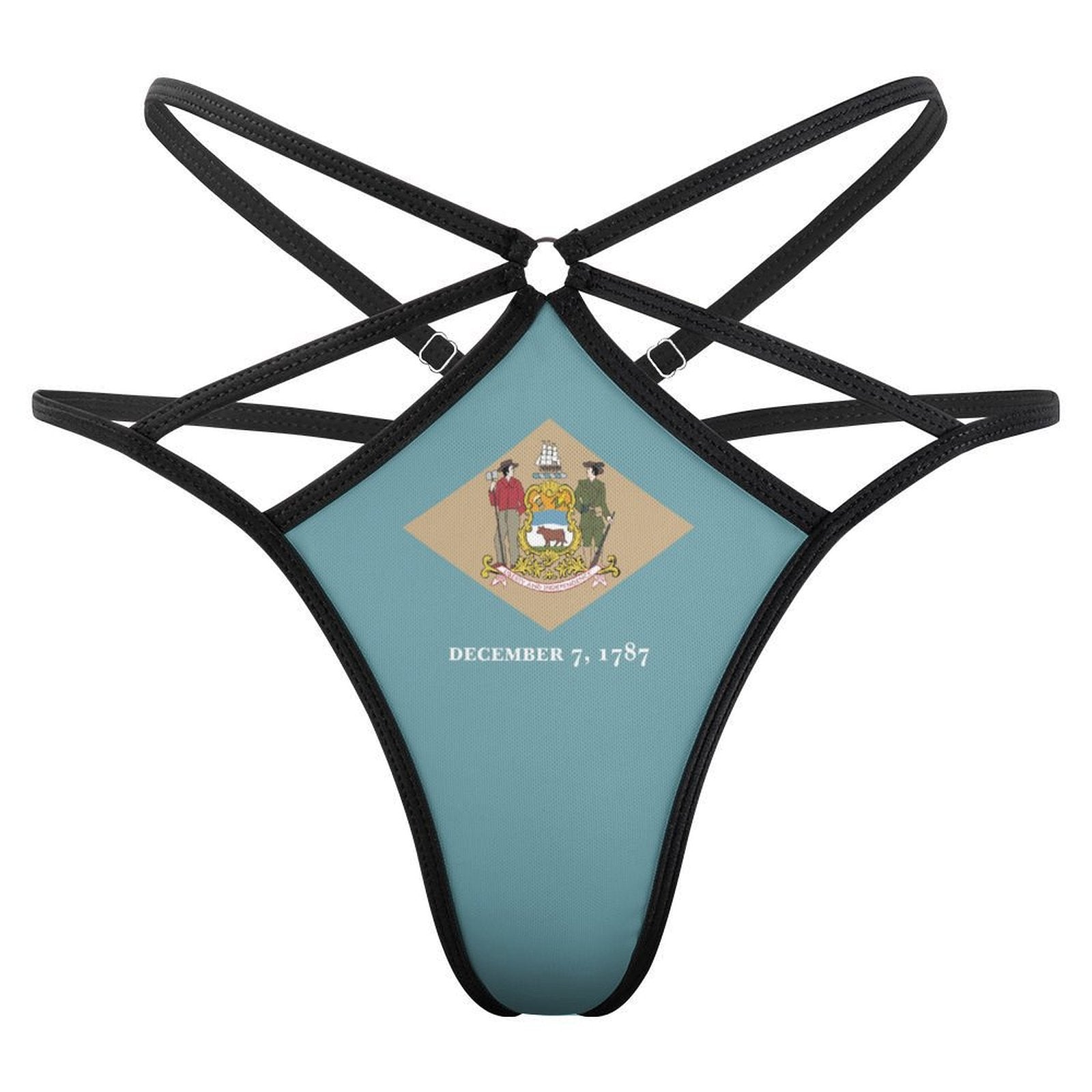 [Brand] string thong with Delaware flag and date design.
