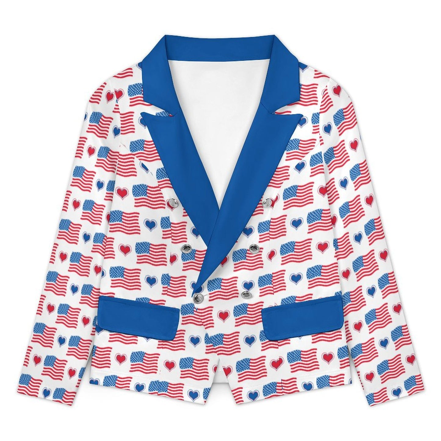 USA/American Flag Inspired Flag and Hearts Pattern Women’s Double Breasted Blazer