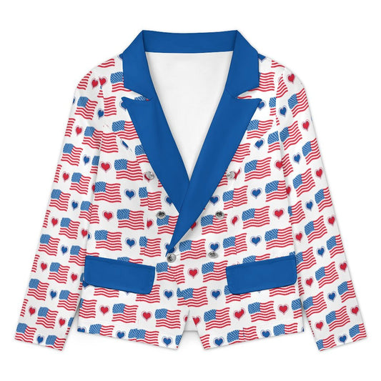 USA/American Flag Inspired Flag and Hearts Pattern Women’s Double Breasted Blazer