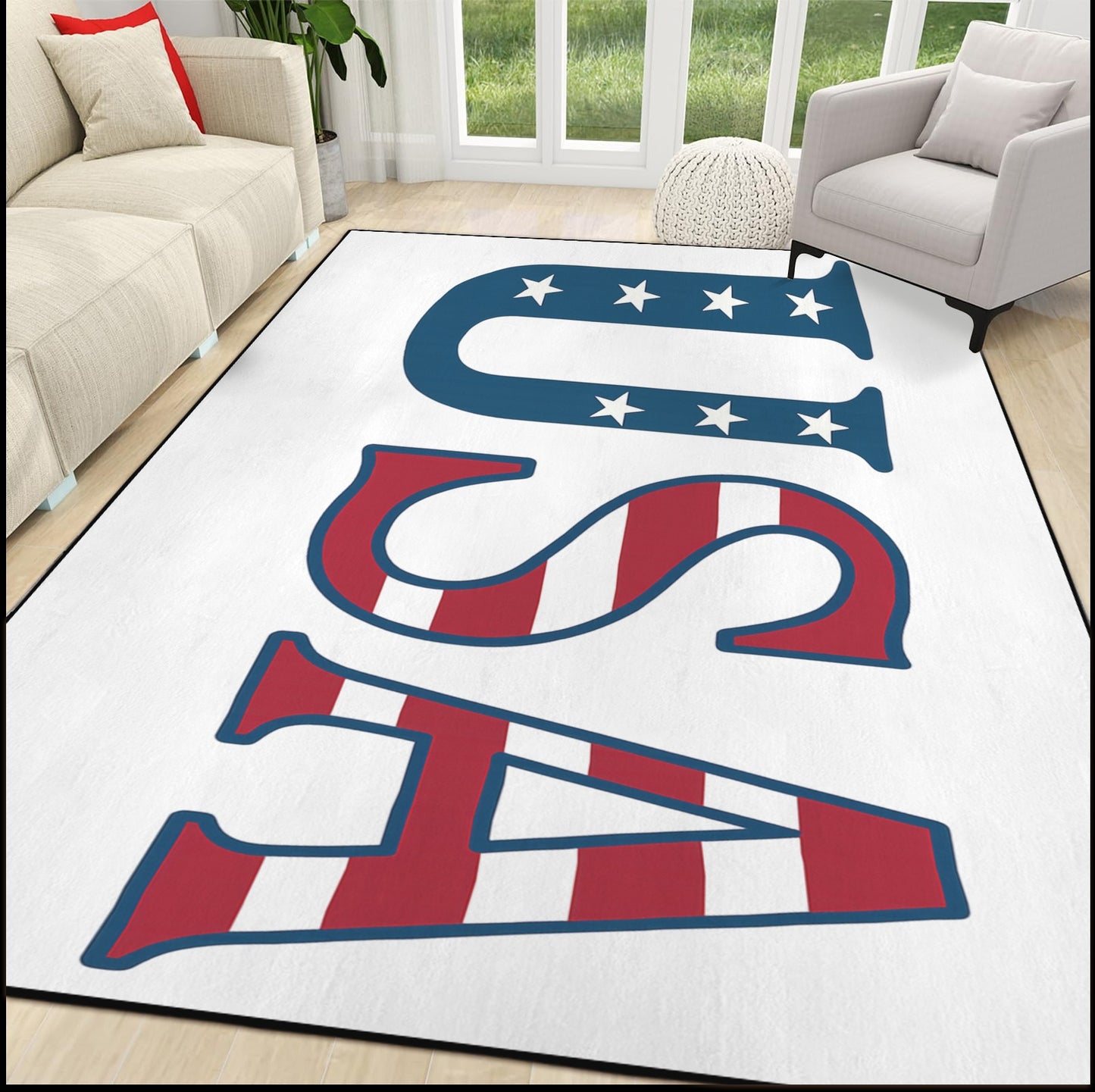 USA/American Flag Inspired "USA" 84x60 Inch Area Rug with Black Binding (Made in the USA)