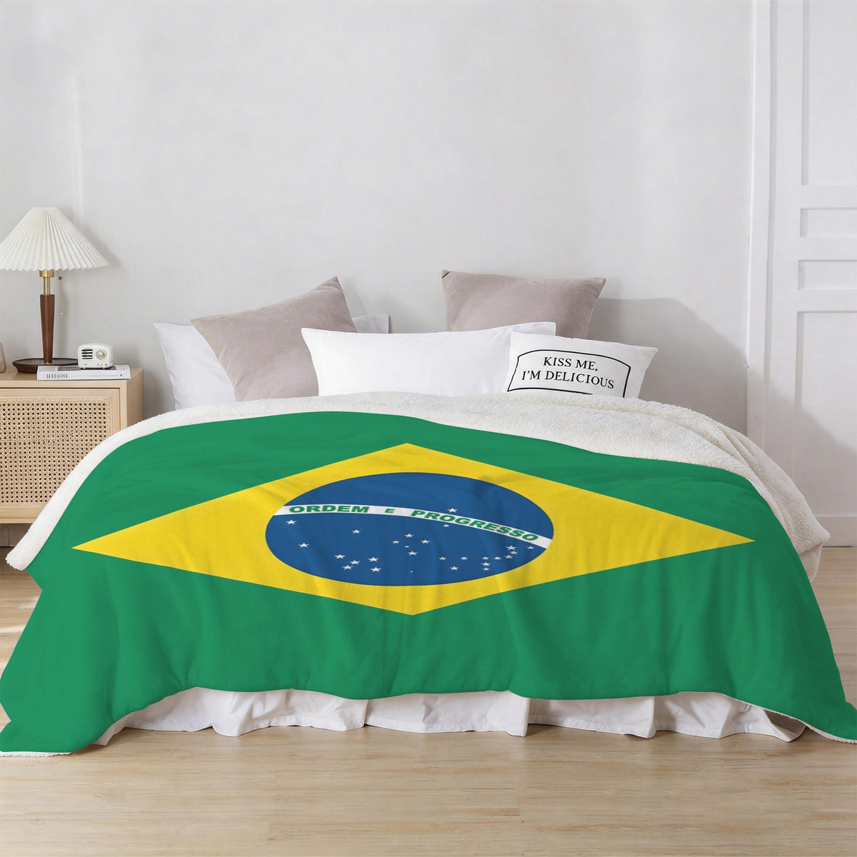 Brazil Flag Inspired Sherpa Fleece Blanket 90" x 108" | Prtinted in the USA
