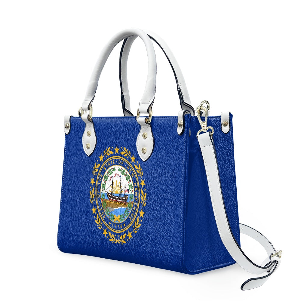 Blue handbag with white handles, featuring [Brand] logo design.