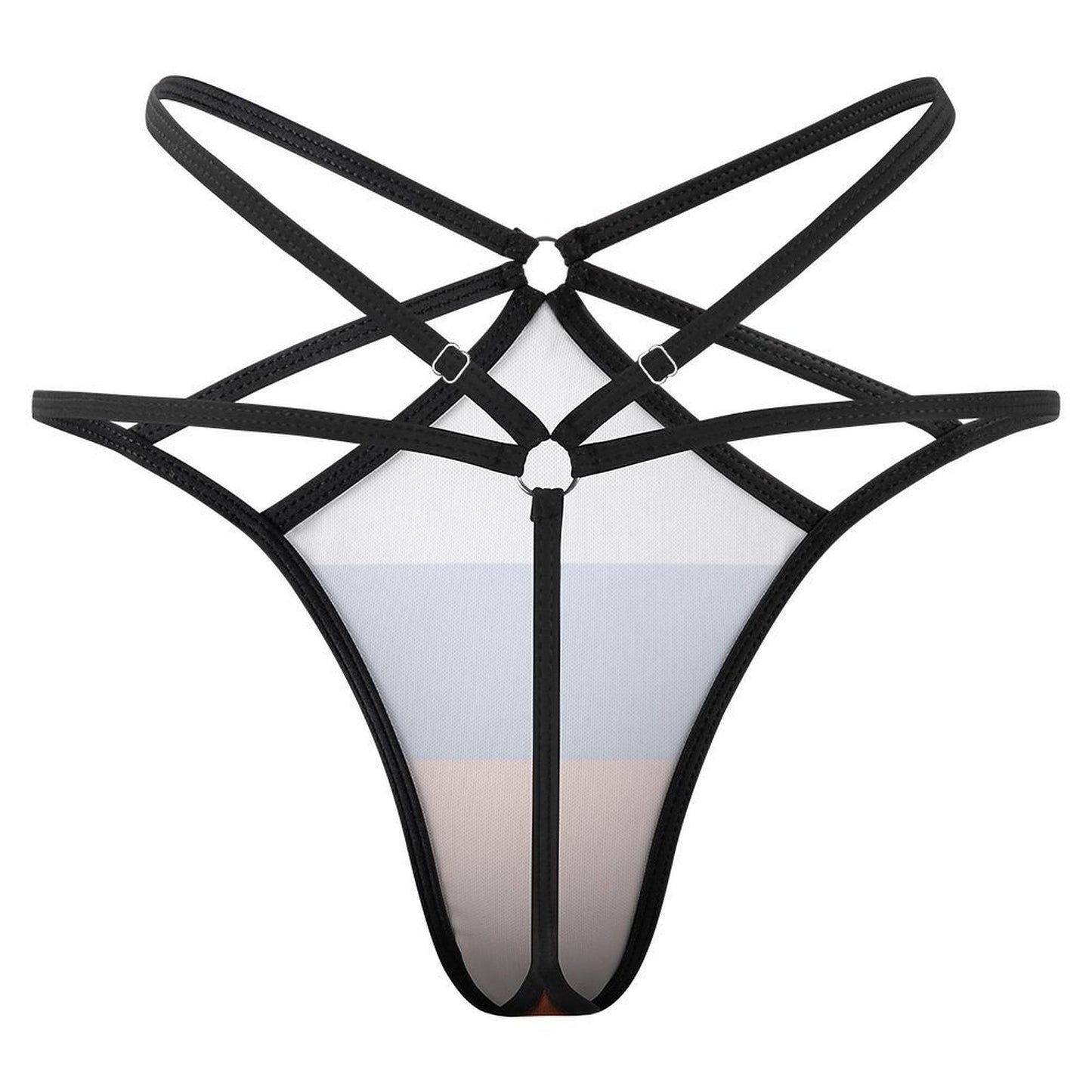 Black strappy harness lingerie, geometric design by [Brand].