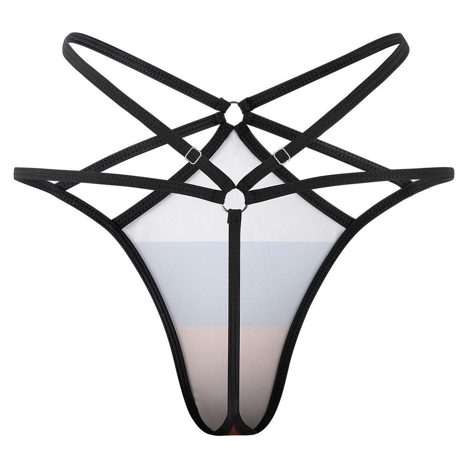 Black strappy harness lingerie, geometric design by [Brand].