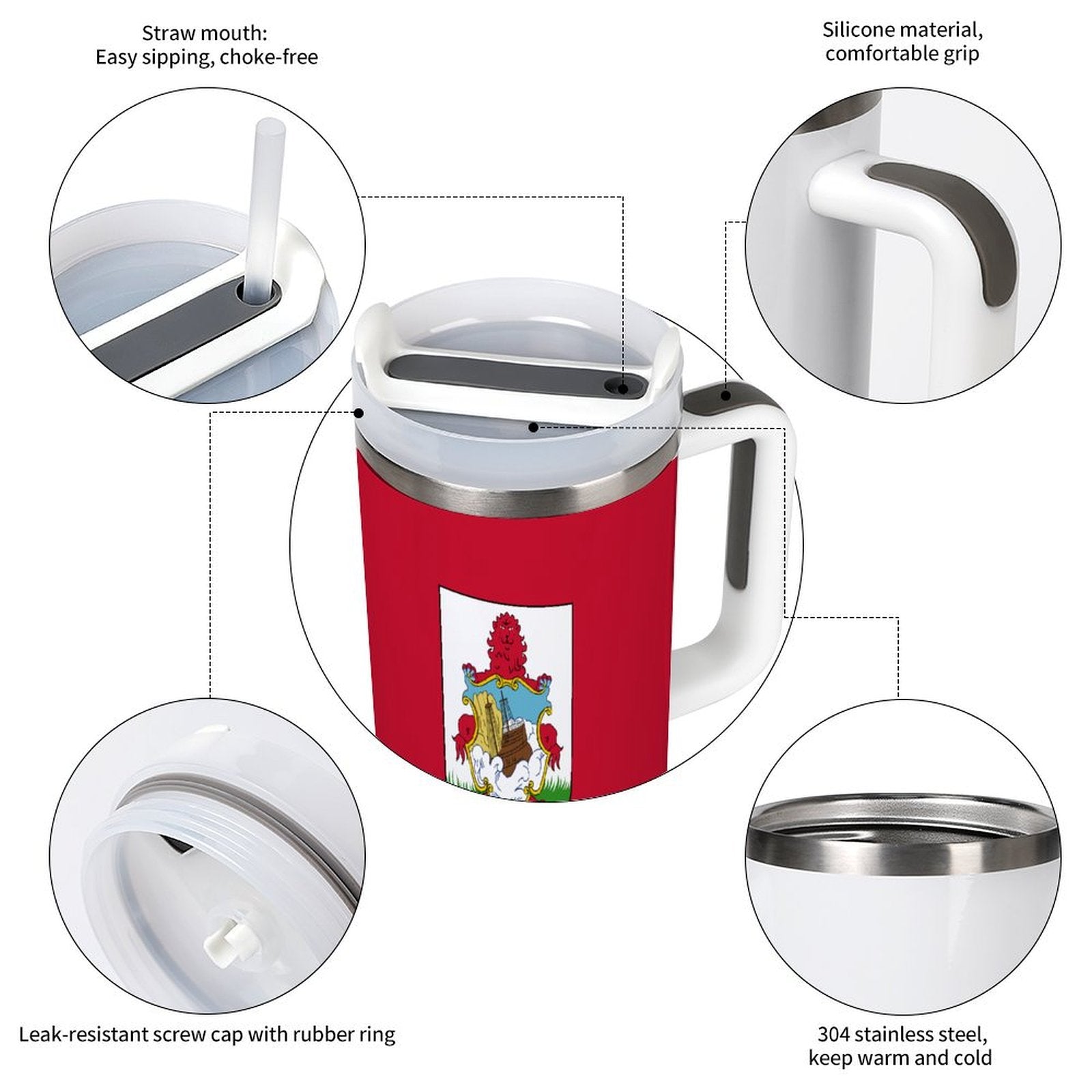 Red [Brand] mug with straw mouth, silicone grip, steel interior.