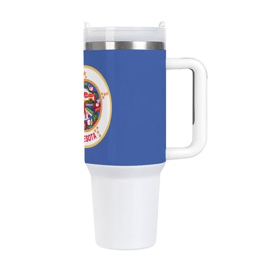 Blue and white travel mug featuring [Brand] logo design.