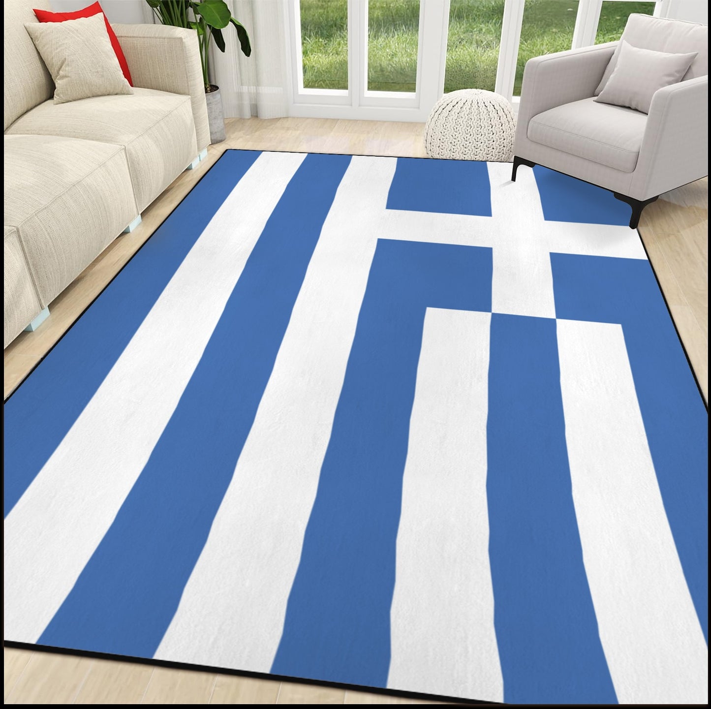 Greece Flag Inspired 84x60 Inch Area Rug with Black Binding (Made in the USA)