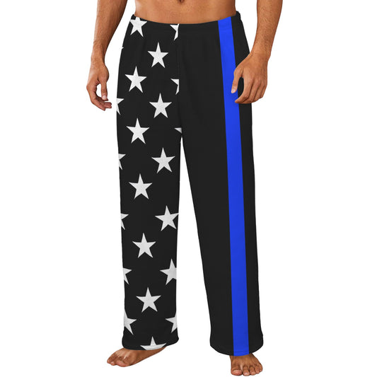 Thin Blue Line Flag Inspired Style-2 Men's Flannel Pajama Trousers Printed in the USA