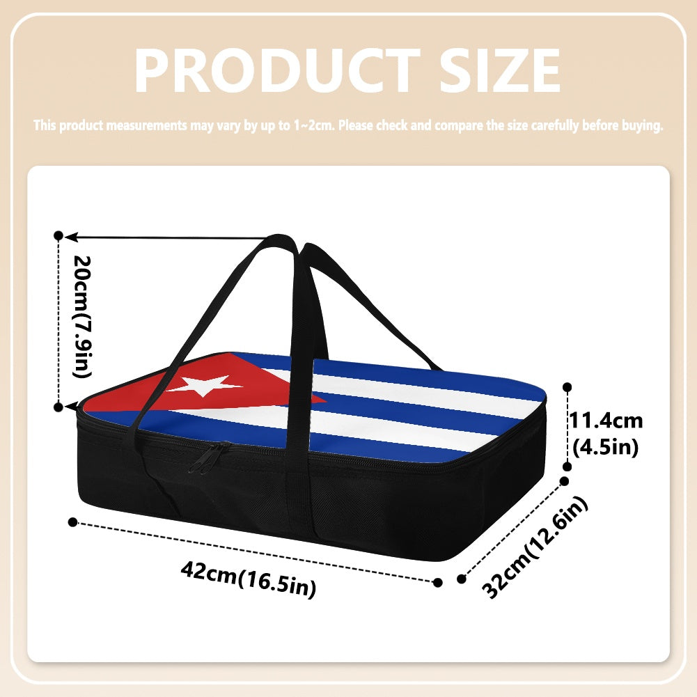 [Brand] padded bag with flag design, detailed size measurements.