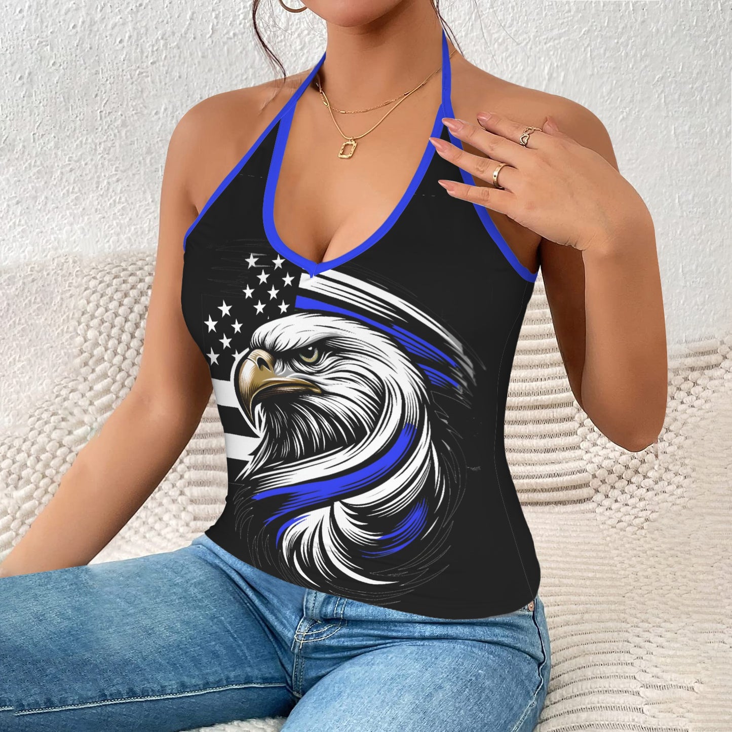 Thin Blue Line Flag Inspired Eagle V-neck Halter Open Back Tank Top