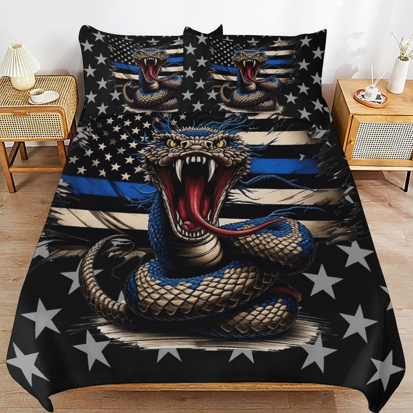 Thin Blue Line Flag Inspired Snake 3-Piece Bedding Set (1 Duvet Cover + 2 Pillow Shams) – 102"×90"
