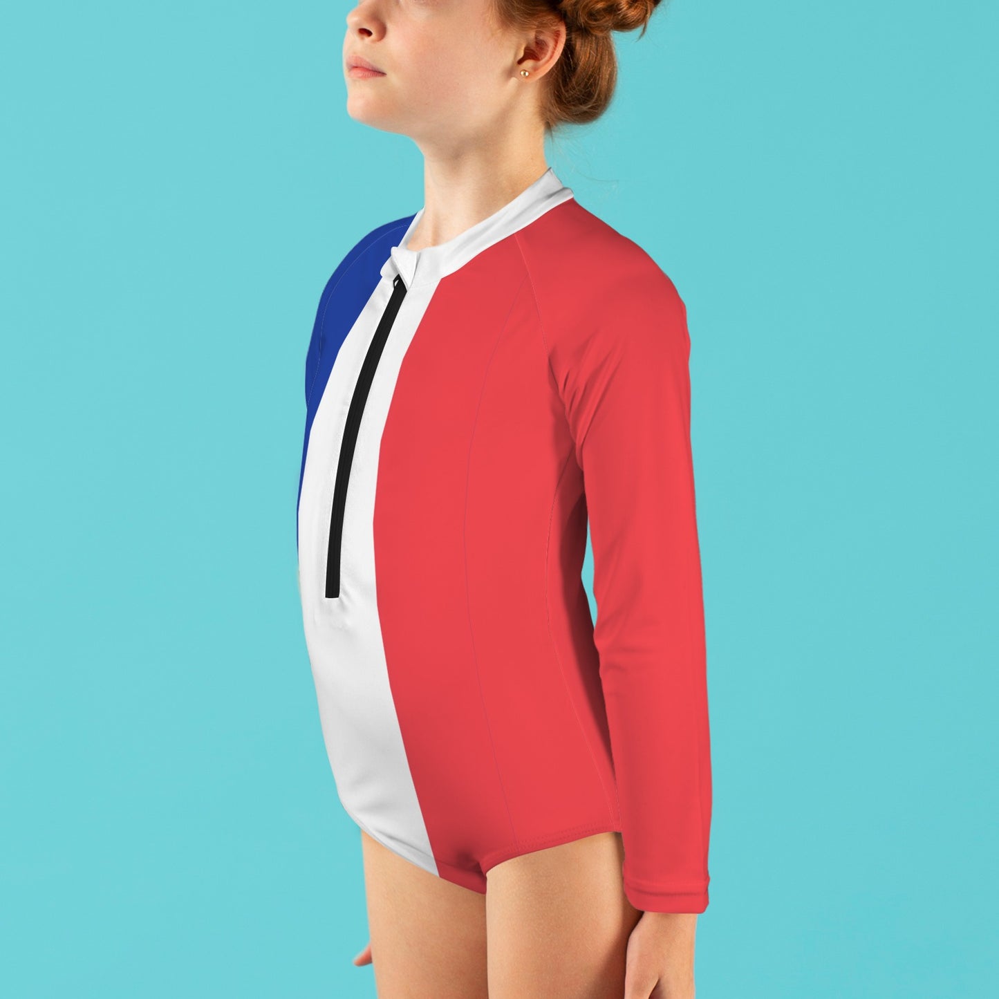 France Flag Inspired Big Girls' Long Sleeve One-Piece Swimsuit