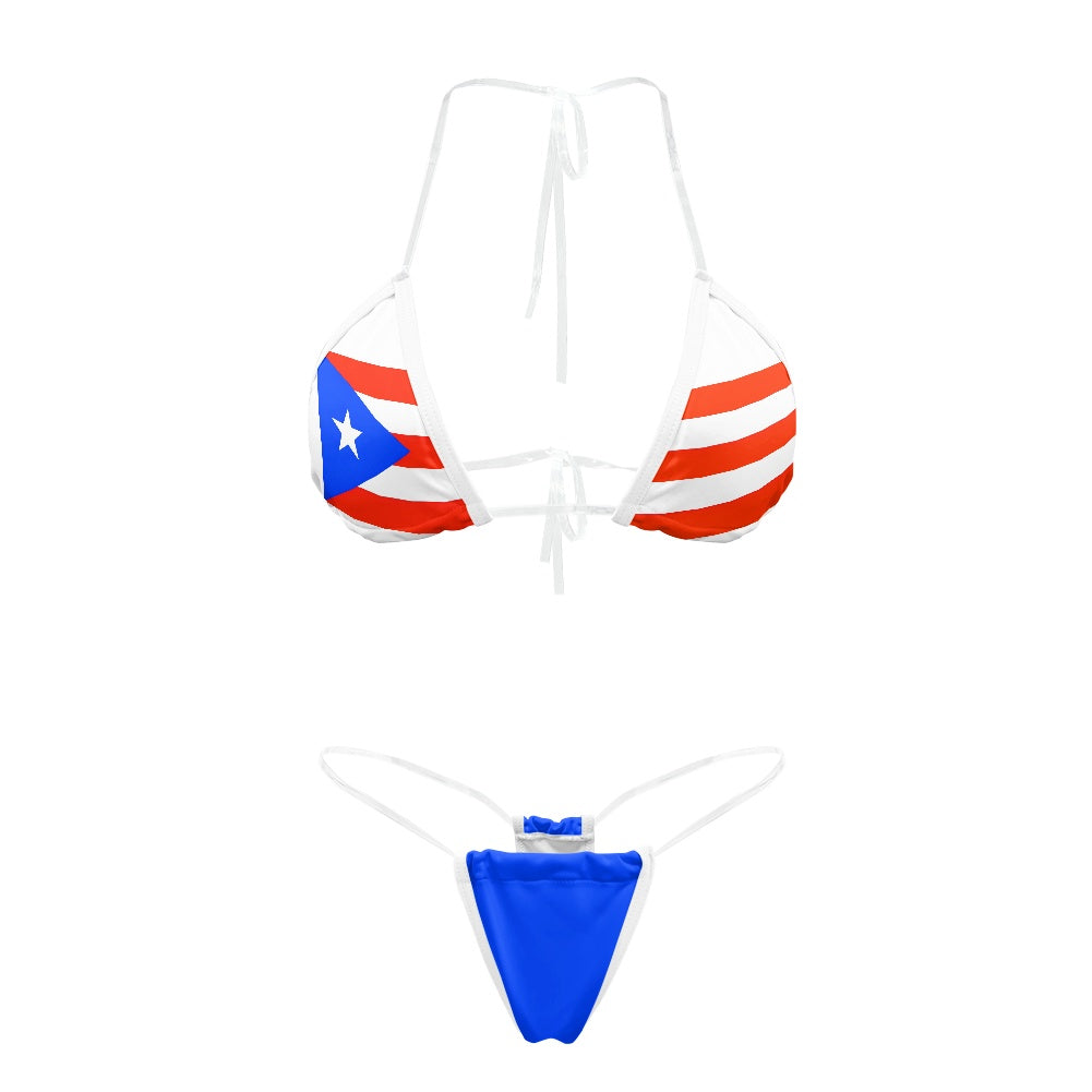 [Brand] bikini featuring Puerto Rican flag-themed design, white strings.