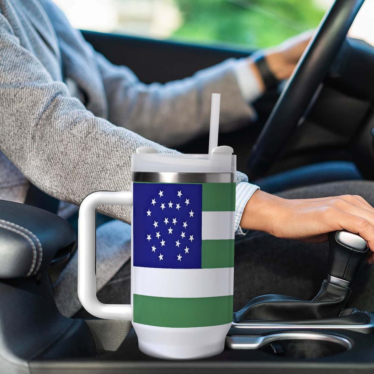 Driver with [Brand] mug featuring American flag design.
