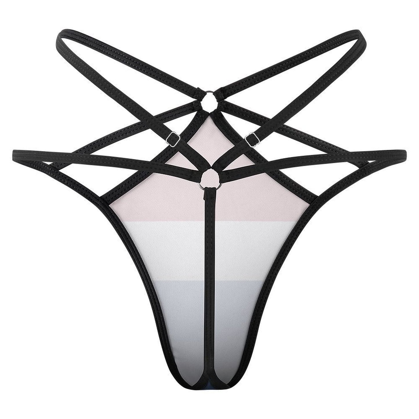 Black strappy harness design by [Brand] with geometric patterns.